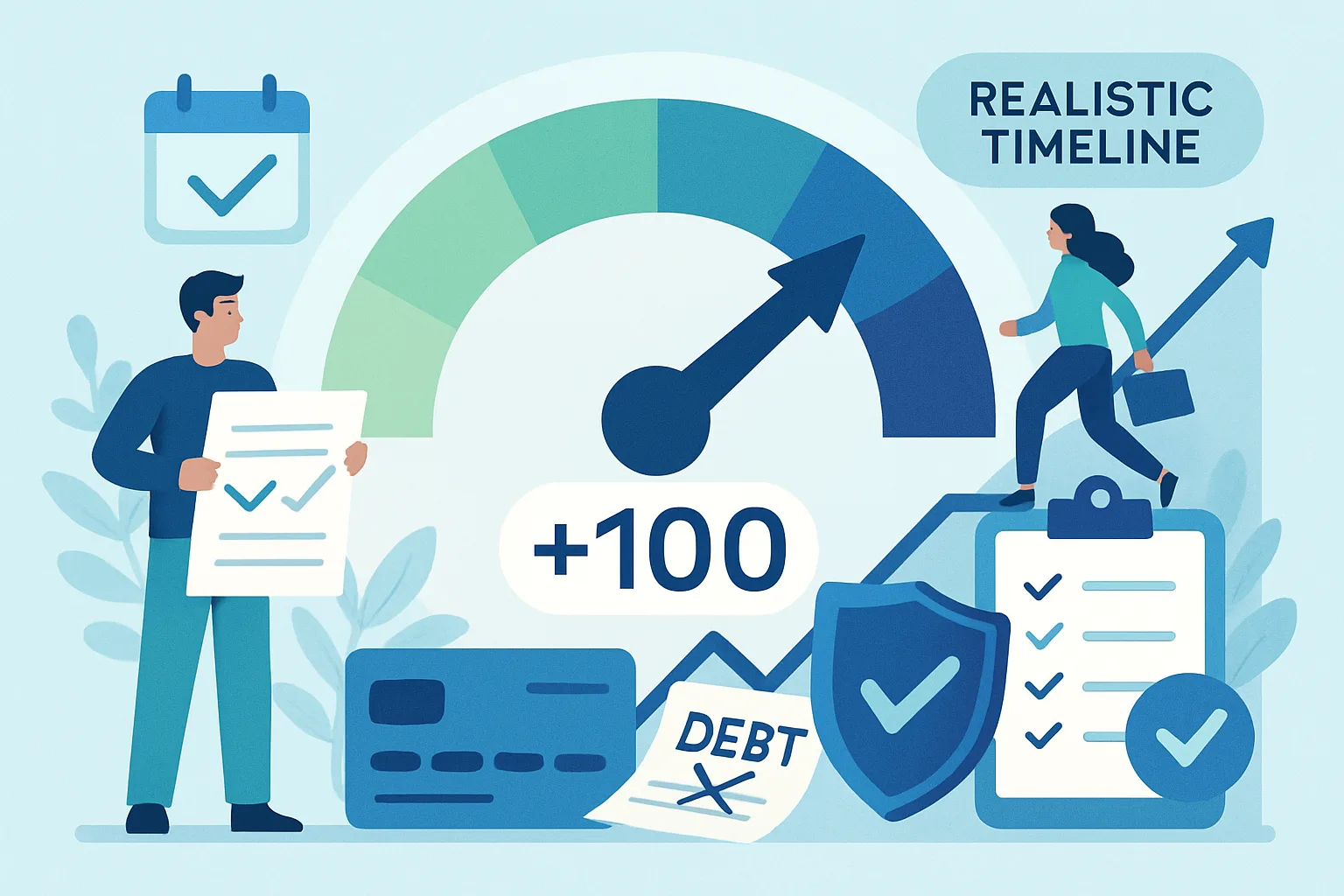Illustration about how to raise your credit score 100 points (realistic timeline)